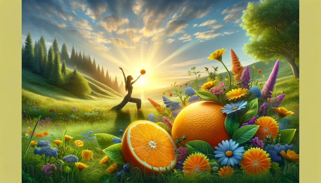 A serene meadow at sunrise with vibrant green grass, colorful wildflowers, and a cluster of oranges, symbolizing the rejuvenating power of Vitamin C.