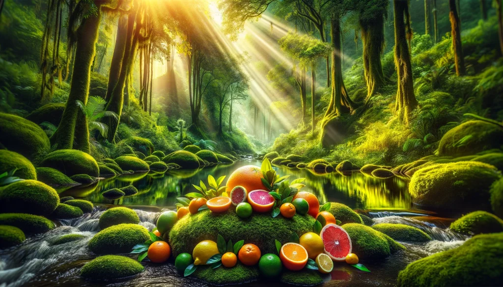 A tranquil and vibrant forest with a gentle stream, symbolizing the rejuvenating power of Vitamin C.