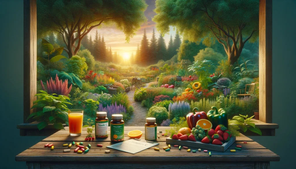 A serene garden brimming with Vitamin C-rich plants and herbs, with a rustic wooden table displaying Vitamin C supplements and fresh orange juice.